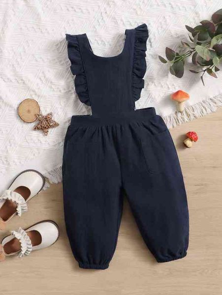 

baby solid ruffle trim jumpsuit she, Blue