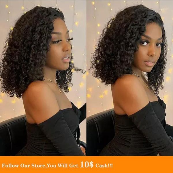

lace frontal wig for women 250% density kinky curly malaysia short bob black soft pre plucked human hair with baby hair1, Black;brown