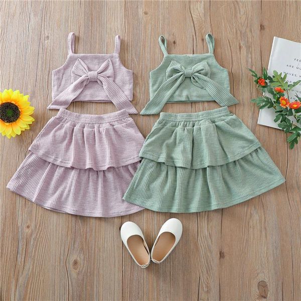 

baby girls ribbed clothes set, solid color square collar cropped with bow-knot + high waist skirt 1-4years clothing sets, White