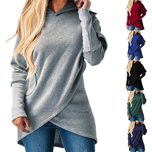 

women's hoodies & sweatshirts womens hoodie long sleeve hooded asymmetrical hem wrap solid casual loose sweatshirt outwear irregular pu, Black