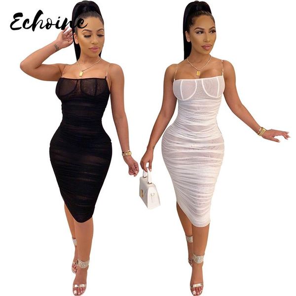 

casual dresses mesh see through dress sleeveless strap solid midi night club party bandage bodycon women white black, Black;gray