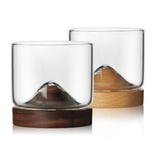 

wine glasses whiskey glass with mountain shape wooden bottom holder home kitchen supplies ud88