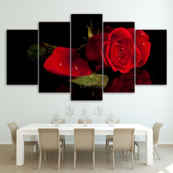 

5 pcs red rose print flower blooming hd printed painting wall art home decor canvas picture poster(no frame)