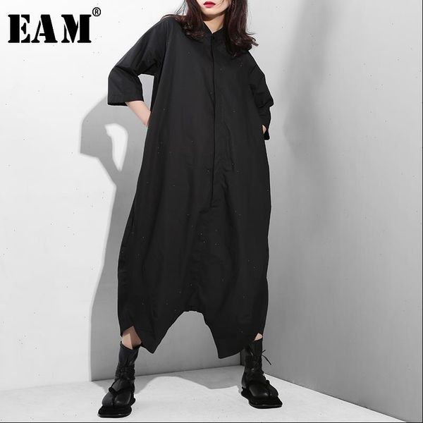 

[eam] womens jumpsuits spring autumn high waist stand collar pocket stitch loose wide leg pants women fashion tide, Black;white