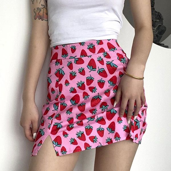 

skirts strawberry printing split skirt high waist bag hips girls women slim summer korean style mujer faldas clothes femme jupes, Black