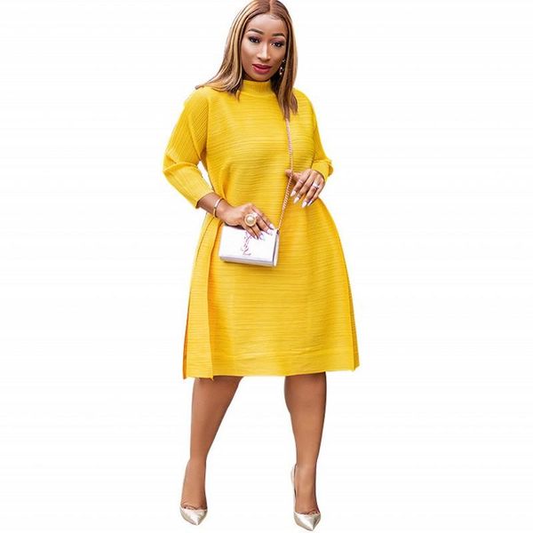

casual dresses solid yellow dress women full sleeve turtleneck split slim a line 2021 autumn winter fashion office lady, Black;gray