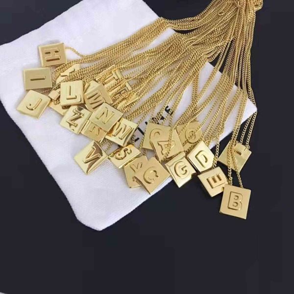 Latão inicial letra nome quadrado pingente colares feminino marca corrente de ouro 26 alfabeto jóias designer