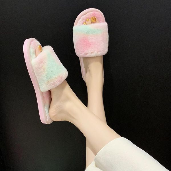 

slippers rainbow color cotton plush shoes female home indoor warmth cute velvet non-slip soft bottom autumn, Black