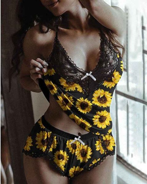 

2021 sunflower print underwear black lace pajamas, Red;black