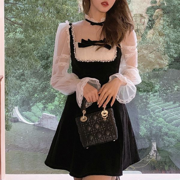 

dresses french vintage women 2021 spring lace fairy velvet one piece korean petal sleeve evening party elegant dress female, Black;gray