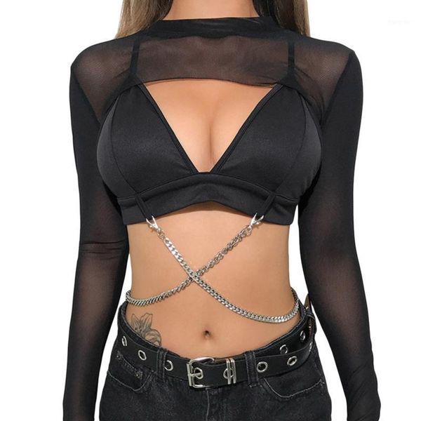 

women's t-shirt 2021 summer woment shirts solid color black fashion mesh o neck long sleeve backlelss female short, White