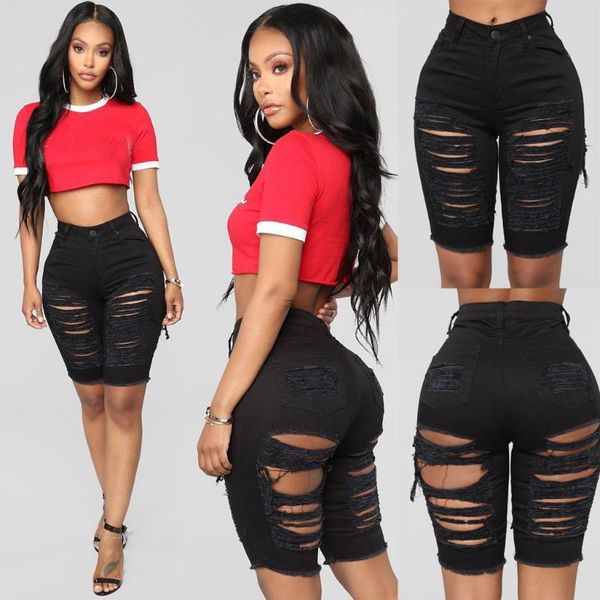 

women fashion skinnyelastic destroyed hole leggings short pants ladies denim shorts ripped jeans pantalones vaqueros mujer 2021 women's, Blue