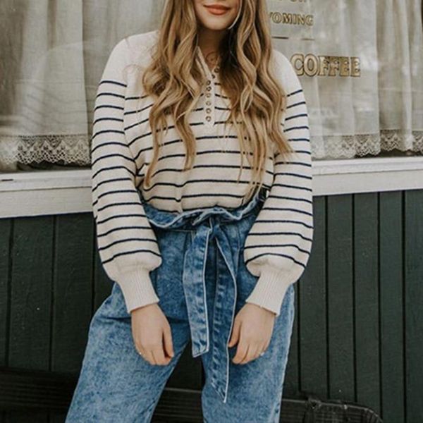

women's sweaters women stripes knit sweater long puff sleeve retro o-neck female casual pull with buttons early autumn, White;black