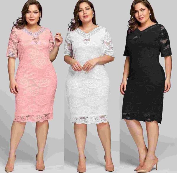 

casual dresses xxxxxl xxxxl xxxl plus size summer dress 2021 elegant women short sleeve beach solid black white lace, Black;gray