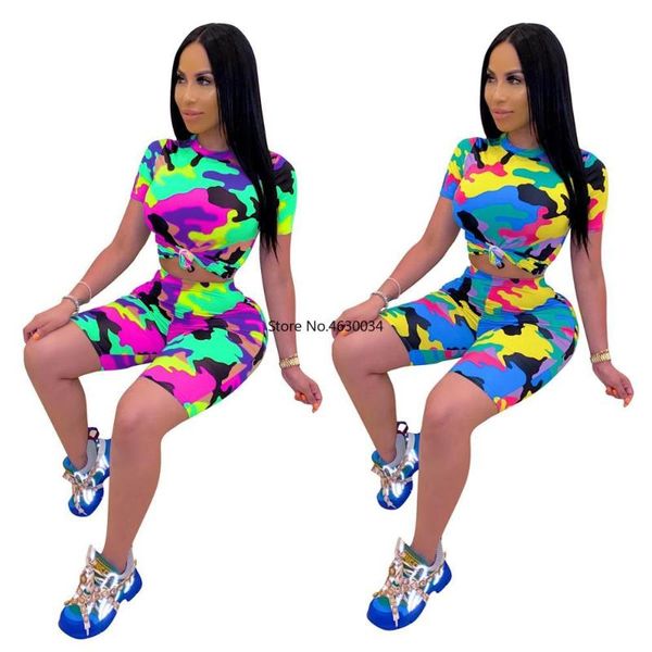 

colorful camouflage print two piece set women round neck t shirt and shorts 2 sets womens outfits 2021 lounge wear 14 dress, White