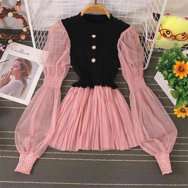 

early spring round neck blouse women pleated lantern sleeve stitching hedging knitted blusa lace shirt c796 210506, White