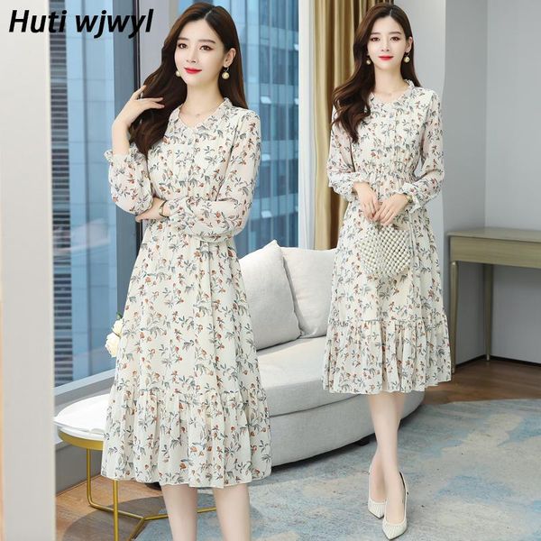

casual dresses 2021 autumn winter vintage midi dress korean plus size floral chiffon boho elegant women party long sleeve vestidos, Black;gray