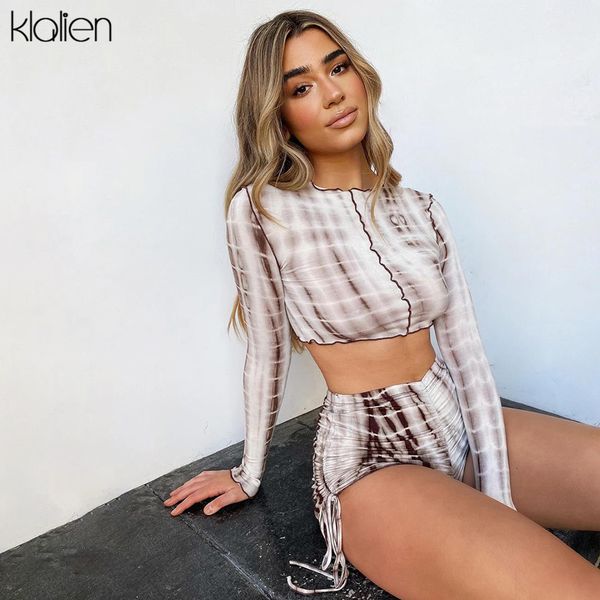 

t shirt fashion casual streetwear long sleeve t shirt and drawstring shorts 2 piece women slim elastic tie dye sport set, White