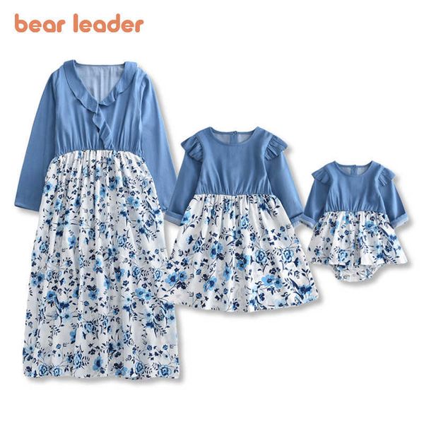 

bear leader family matching outfits fashion girls patchwork dress kids flowers costumes mother elegant sleeveless outfits 210708, Blue