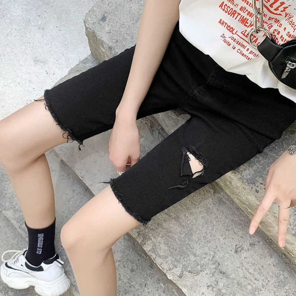 

and jeans spring summer 2021 large slim middle pants riding capris personalized holed shorts women's wear, Blue