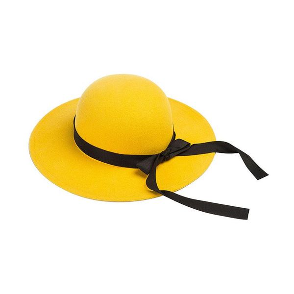 

caps & hats autumn winter hat for kids bow wool children's cap girls solid adjustable bowler wide brim spring, Yellow
