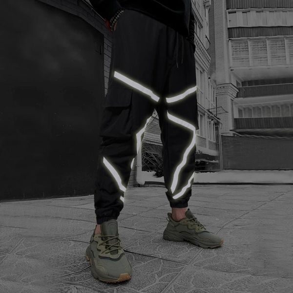 

men's pants reflective strip night run thin leggings pocket drawstring trousers basketball hip hop sports #8, Black