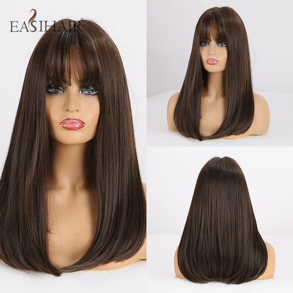 

medium length dark brown straight synthetic wigs with bangs for women bob wig heat resistant cosplay party wig dark wig, Black