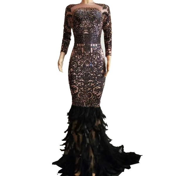 

casual dresses sparkly rhinestones feather trumpet dress women nightclub black long prom costumes birthday celebrate party, Black;gray