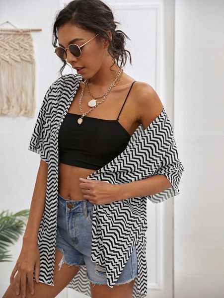 

chevron print open front kimono o6yu#, White;black