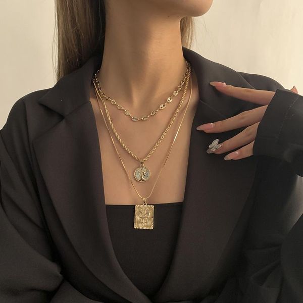 

pendant necklaces vintage 3pcs/set multilayer portrait coin for women rose carved square collar gold color metal jewelry, Silver