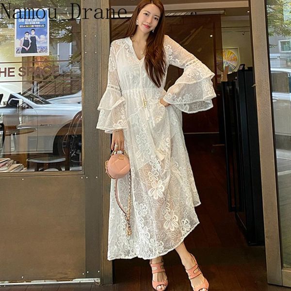

casual dresses 2021 autumn vintage vacation long dress women v-neck bohemia elegant embroidery flowers white lace, Black;gray