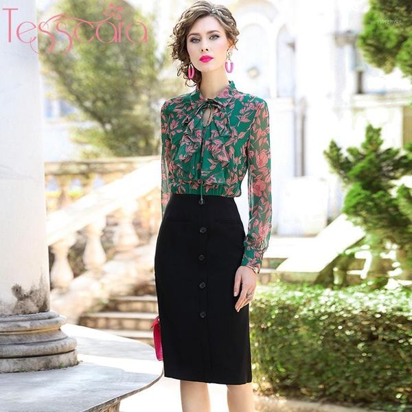 

casual dresses tesscara women runway designer elegant ruffle pencil dress shirt office party robe femme vintage cocktail vestid, Black;gray