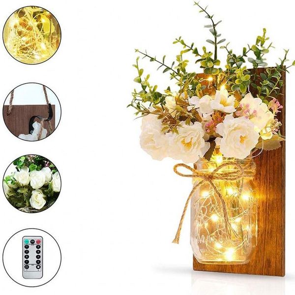 

wall lamprustic lamp mason jar handmade art hanging home decor 2 set with led fairy lights decorative rose/peony flower