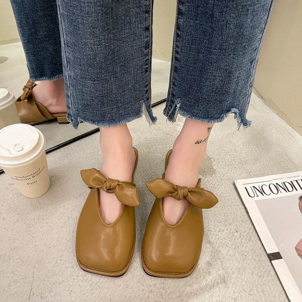 

flat shoes female slippers women summer luxury slides low square toe mules butterfly-knot pantofle designer cover 2021 buslippers, Black