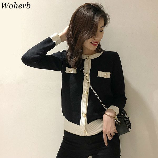 

new fashion autumn women cardigans korean contrast button sueter mujer vintage elegant casual female sweaters jumper 210417, White;black