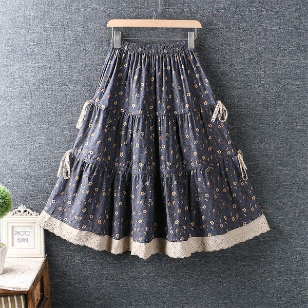 

skirts women skirt 2021 spring fresh elastic waist cotton floral loose casual wear 3905, Black