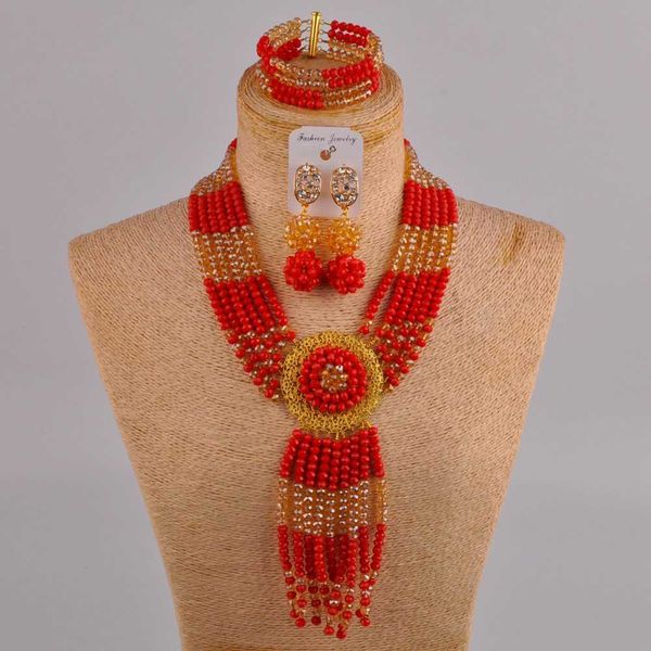 Непрозрачный красный и шампанское золото AB костюм ожерелье африканских свадебных бисеров ювелирных изделий Crystal 6Cls H1022