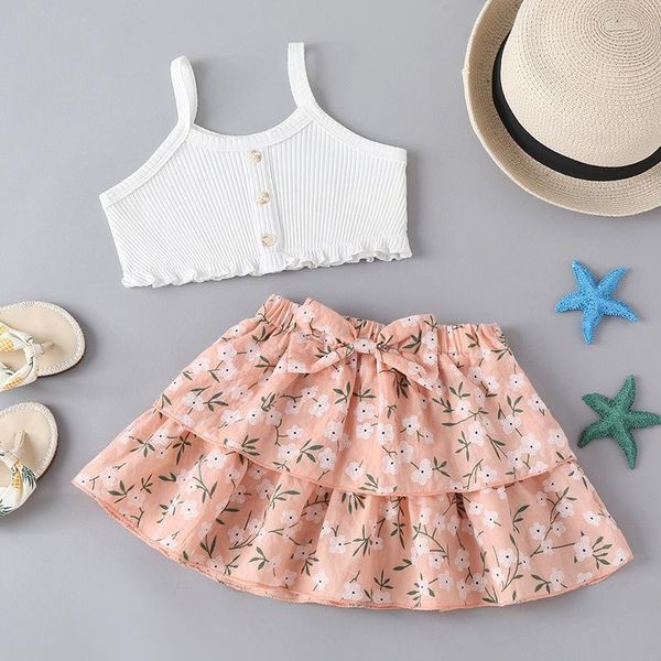 

summer children sets casual strap single breasted white solid bow print floral skirt cute 2pcs girls clothes set 0-2t clothing