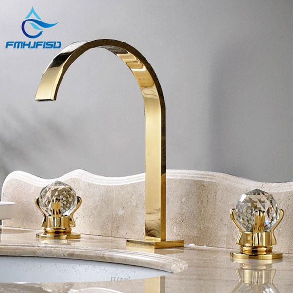 

golden widespread brass bathroom basin faucet dual crystal handles vanity sink mixer tap cold bathtub faucets deck mount