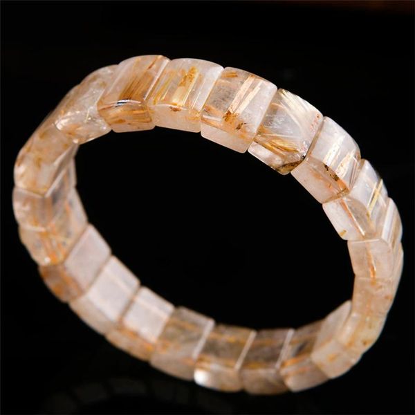 

beaded, strands genuine brazil natural gold rutilated quartz crystal rectangle beads stretch charm bracelet for women, Black