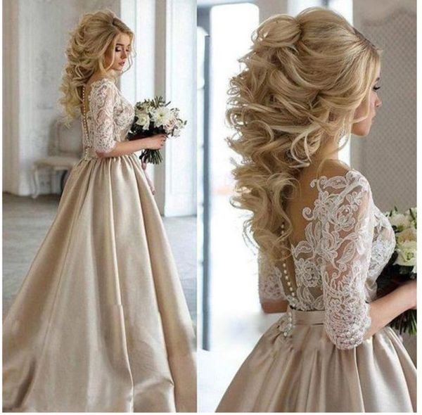 

champagne satin white lace plunging v-neck wedding dresses empire waist half long sleeves ruched vestido de novia wedding gowns