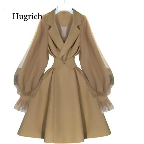 

women's trench coats women coat mesh patchwork lantern sleeve vintage khaki leisure long woman clothes r579, Tan;black