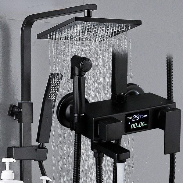 

bathroom shower sets led digital system smart thermostatic set square head spa rainfall bath faucet cold mixer black grifo