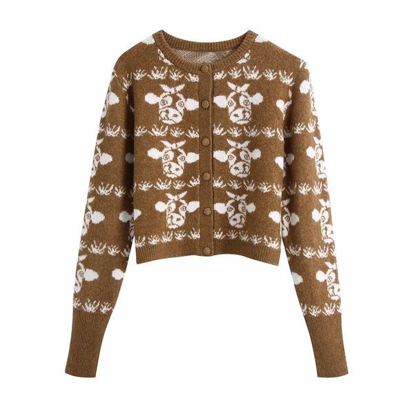 

sweaters 2021 women cartoon animal pattern jacquared knit cardigan long sleeves casual fashion woman knitted sweaters, White;black