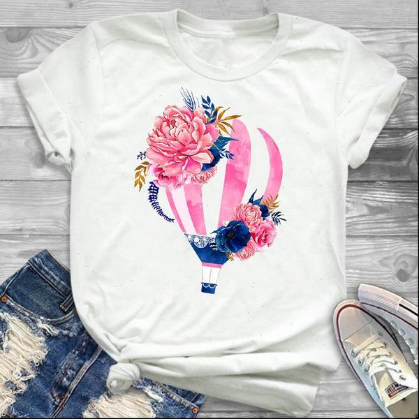 

balloon flower printed women short sleeve tee clothes graphic, White
