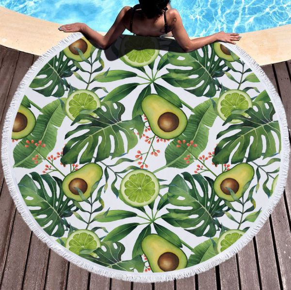 Последний 150см круглый напечатанный пляжный полотенце, стиль фруктов авокадо, микрофибры, кисточки, мягкое прикосновение, поддержка пользовательского логотипа