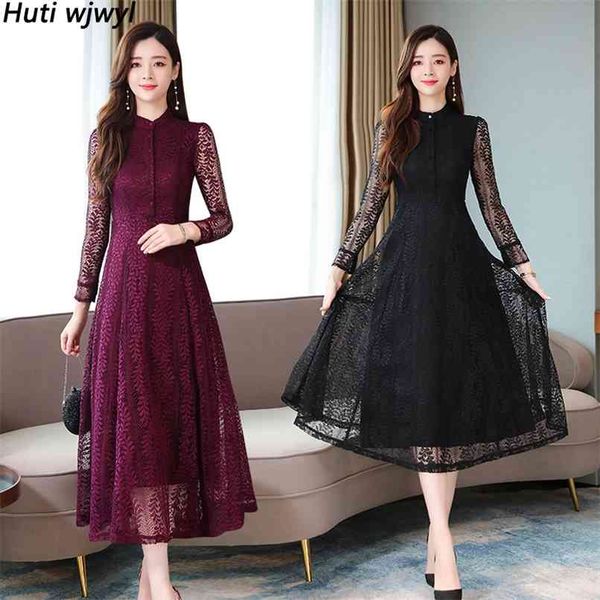 

femal vintage black lace midi dresses autumn winter solid long sleeve dress elegant women bodycon party vestidos 210528, Black;gray