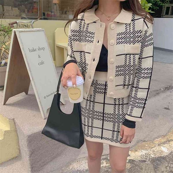 

autumn fashion korean chic lapel check sweater cardigan jacket slim hip wrap high waist knit skirt two piece set 210520, White