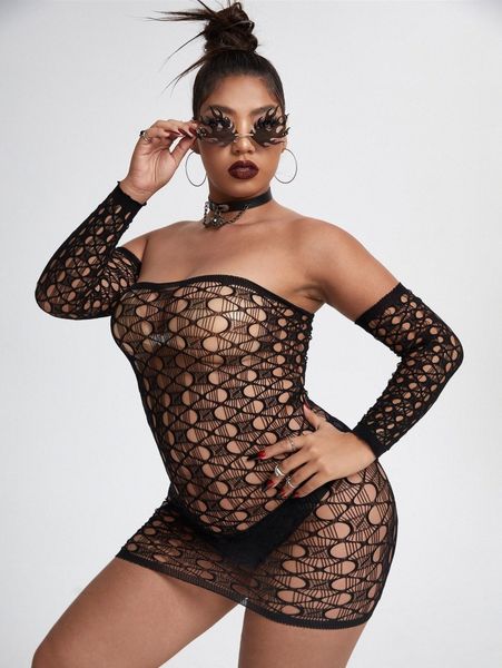 

plus hollow-out fishnet dress w5tm#, Black;white