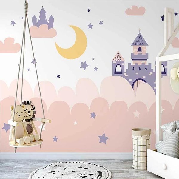 

wallpapers custom nordic ins hand painted pink clouds stars cartoon castle romantic children princess room bedroom 3d wall mural wallpaper